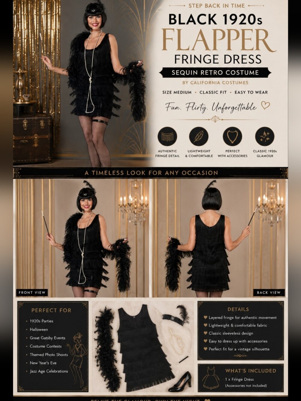 Black 1920s Flapper Fringe Dress – Sequin Retro Costume ~California Costumes~Med